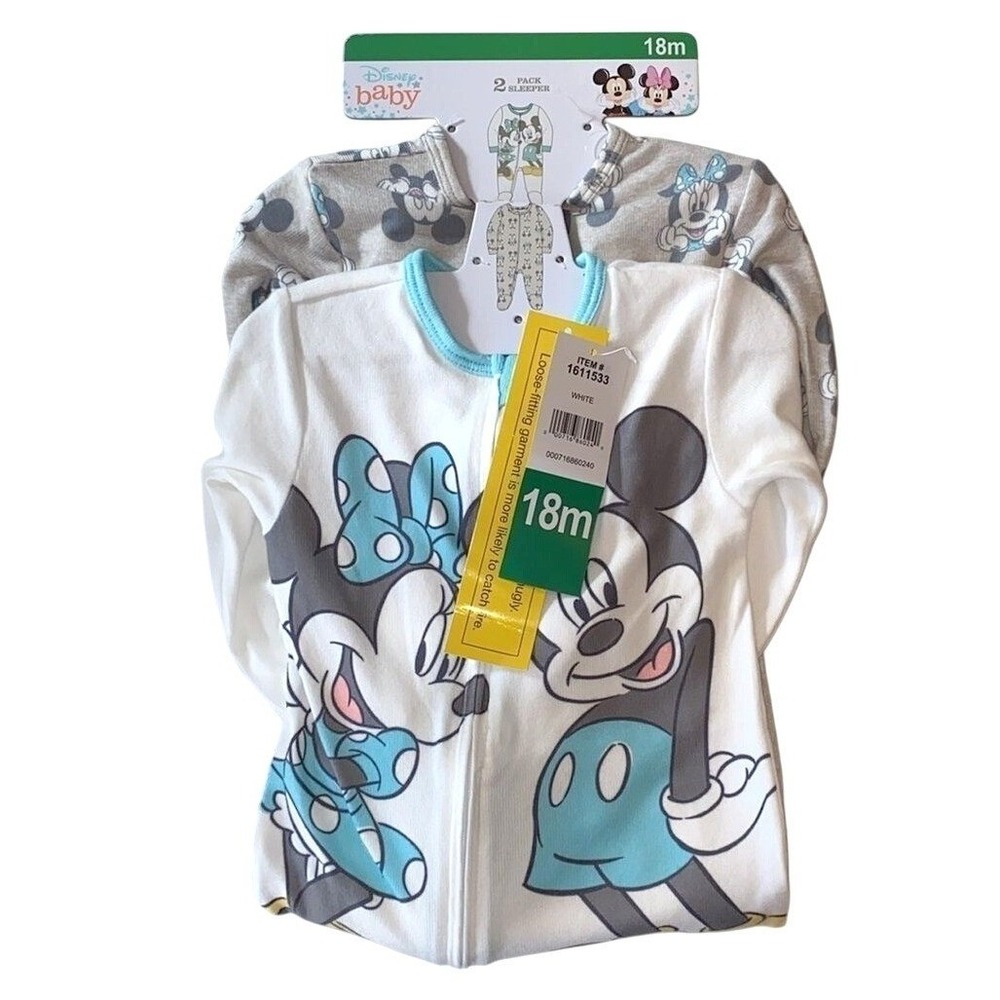 Disney Mickey Minnie Mouse 2 Pack Footed Sleeper Pajamas White Gray 18M New! - Picture 2 of 9